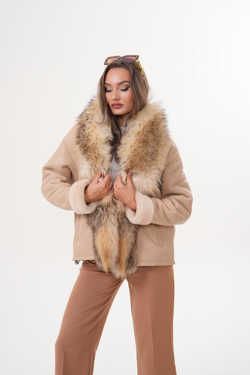 The Elise Beige Shearling Leather Jacket On Sale
