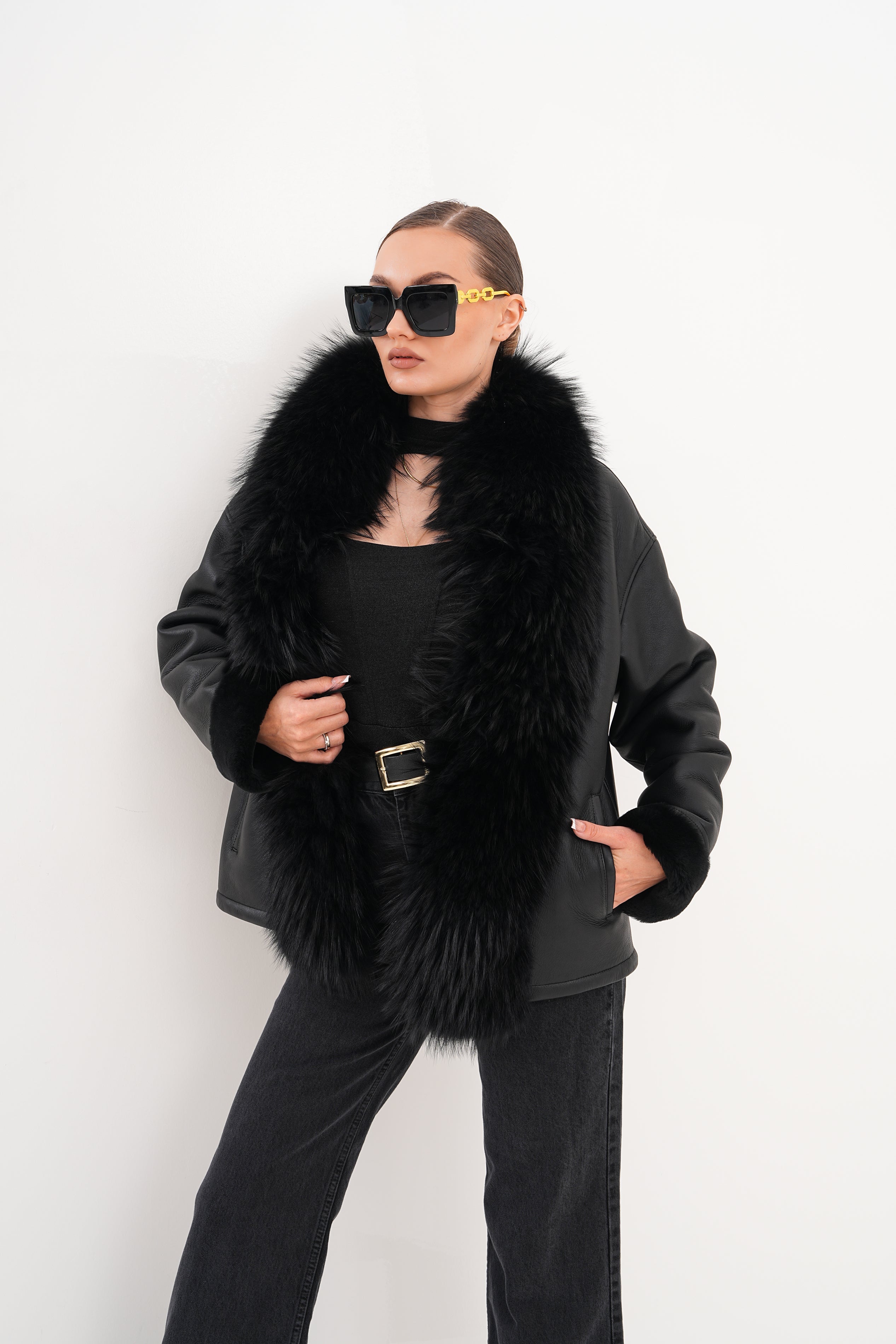 The Elise Black Shearling Leather Jacket For Sale