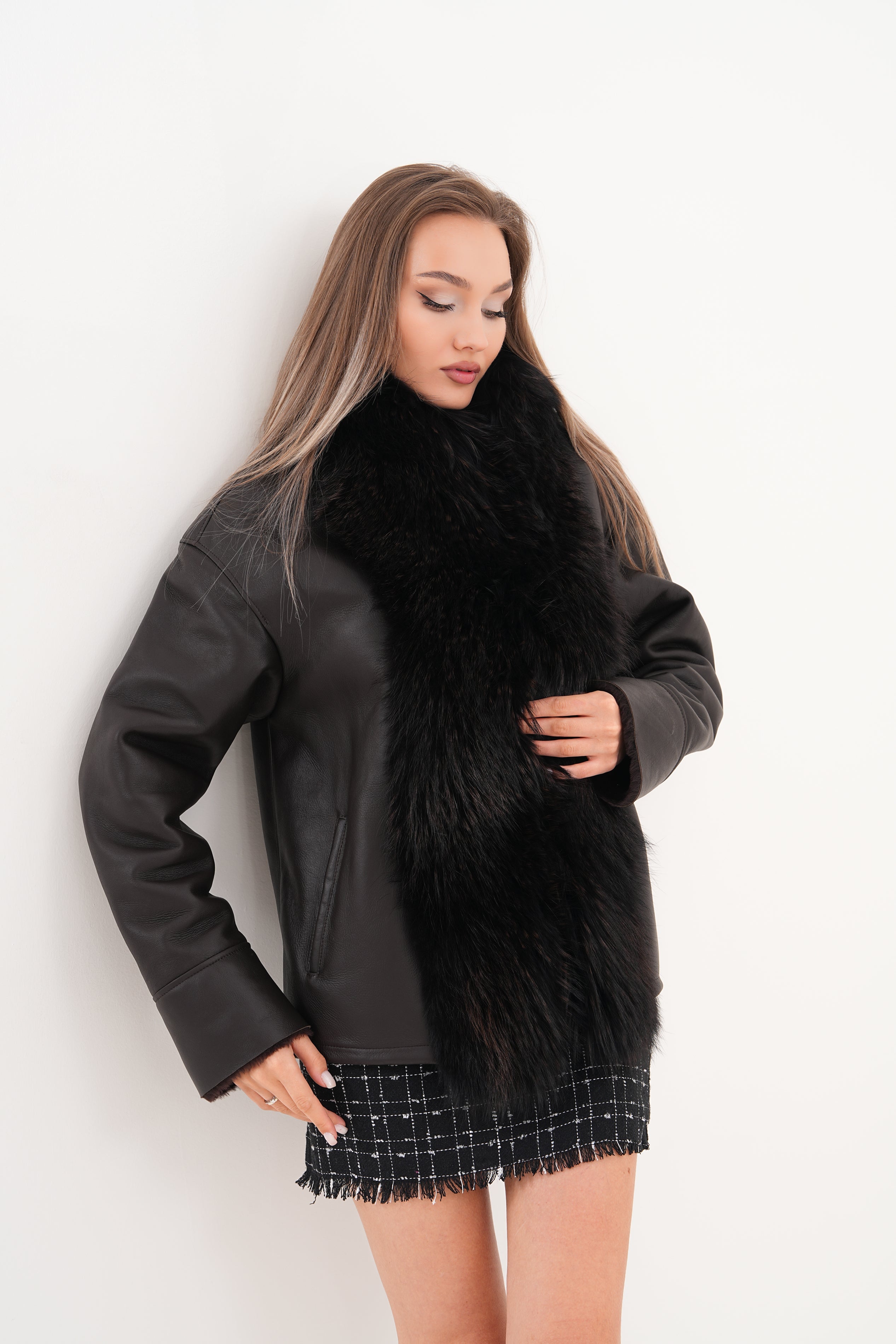 The Elise Black Shearling Leather Jacket For Sale