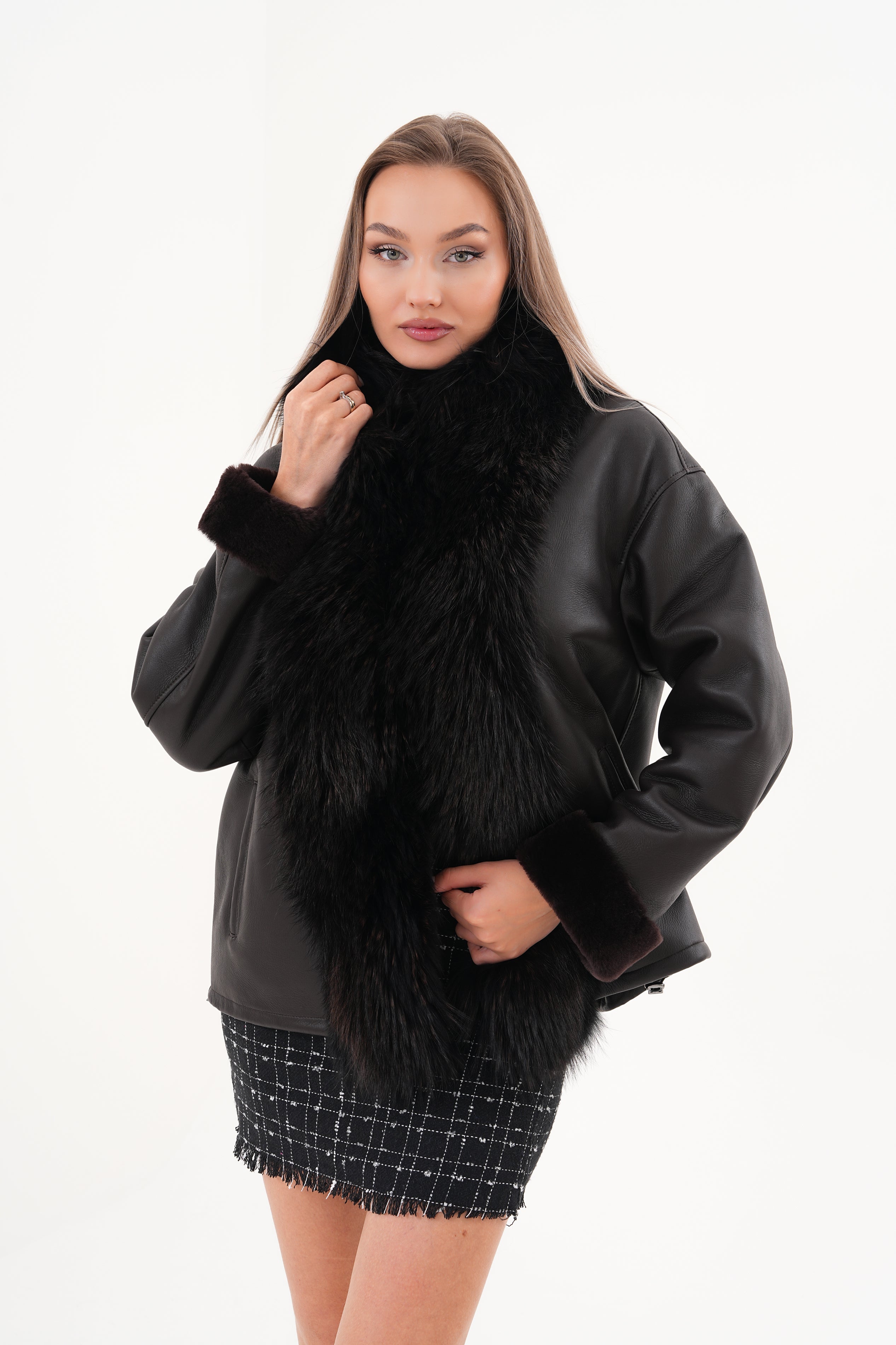 The Elise Black Shearling Leather Jacket For Sale
