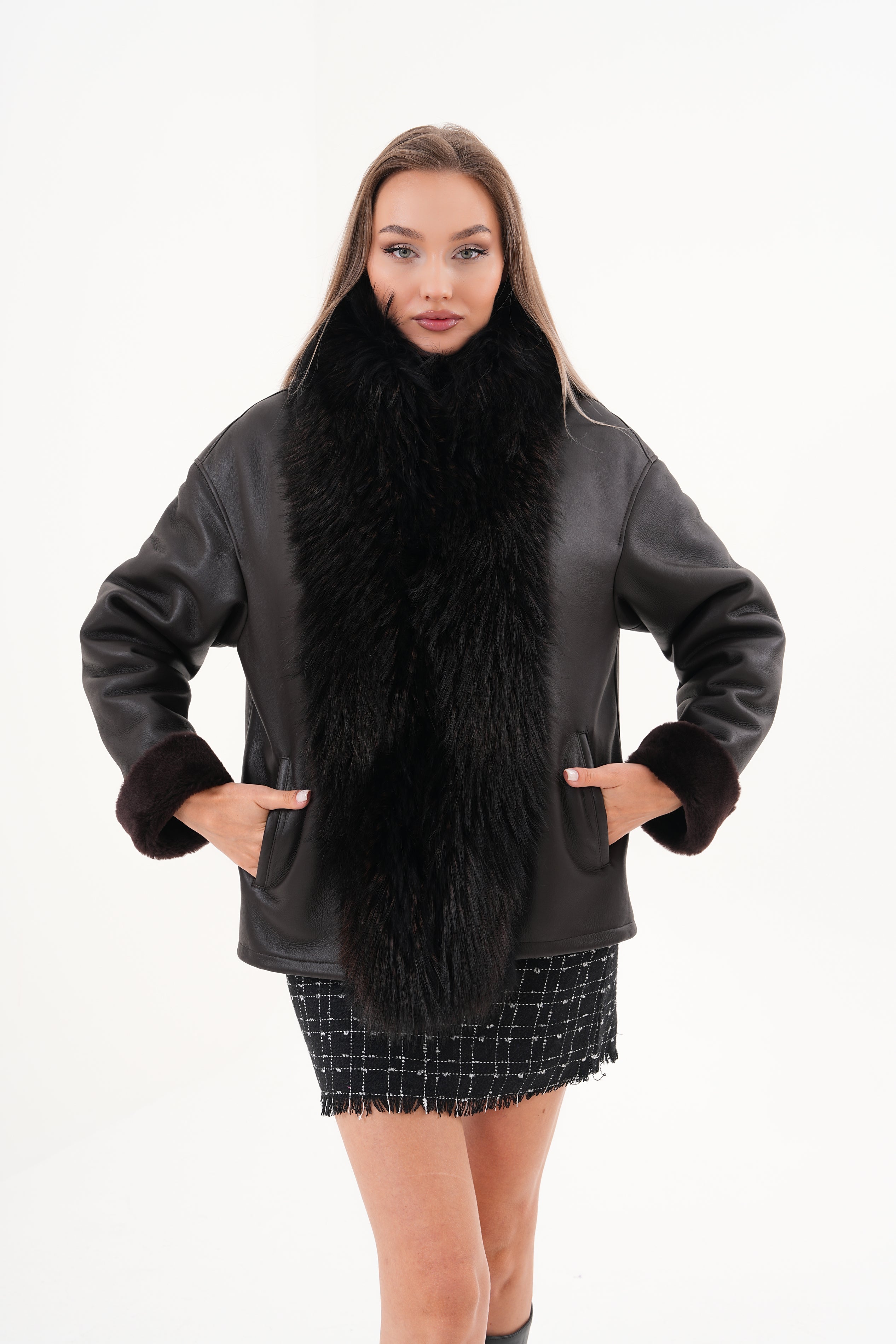The Elise Black Shearling Leather Jacket For Sale