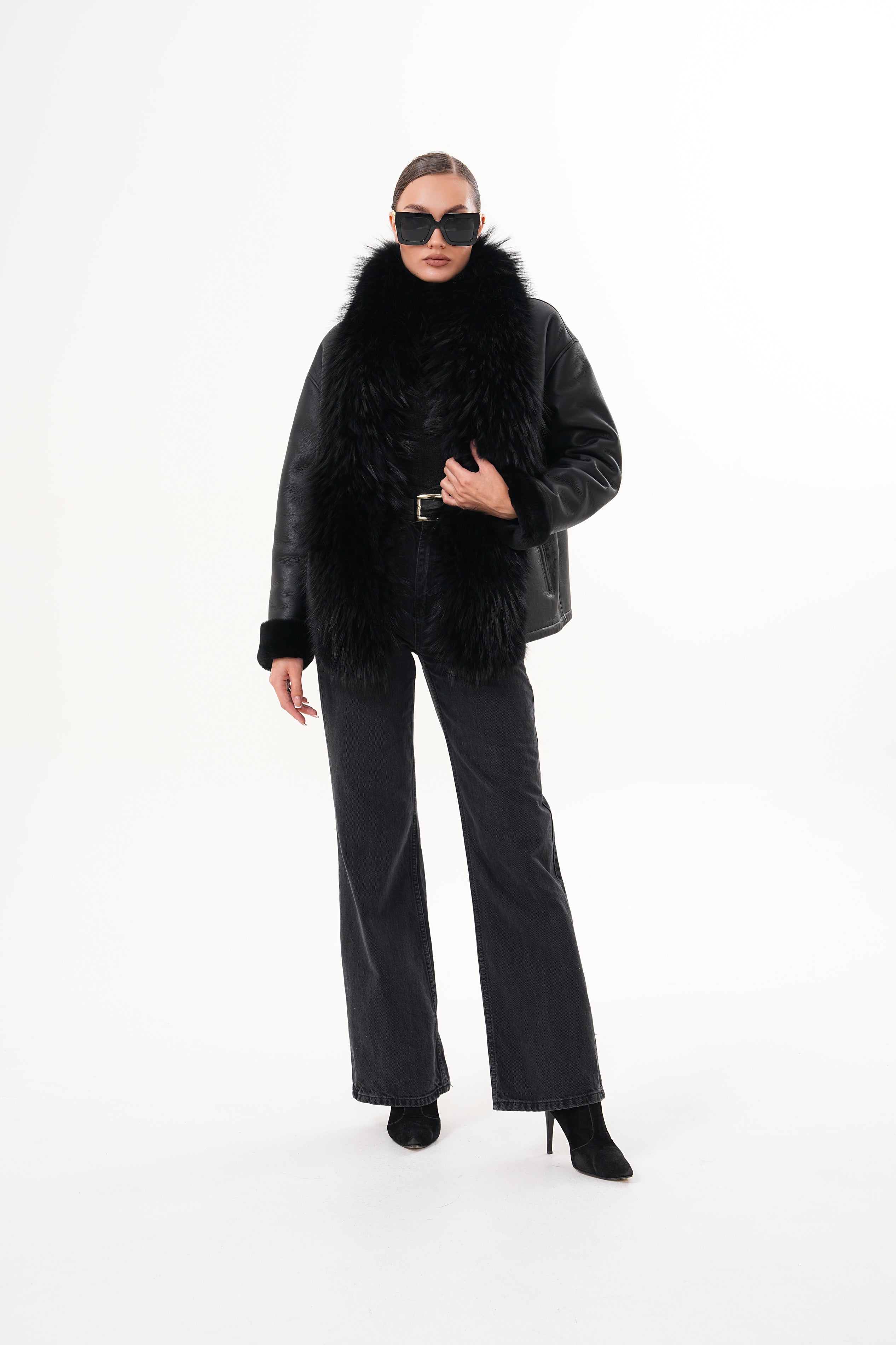The Elise Black Shearling Leather Jacket For Sale