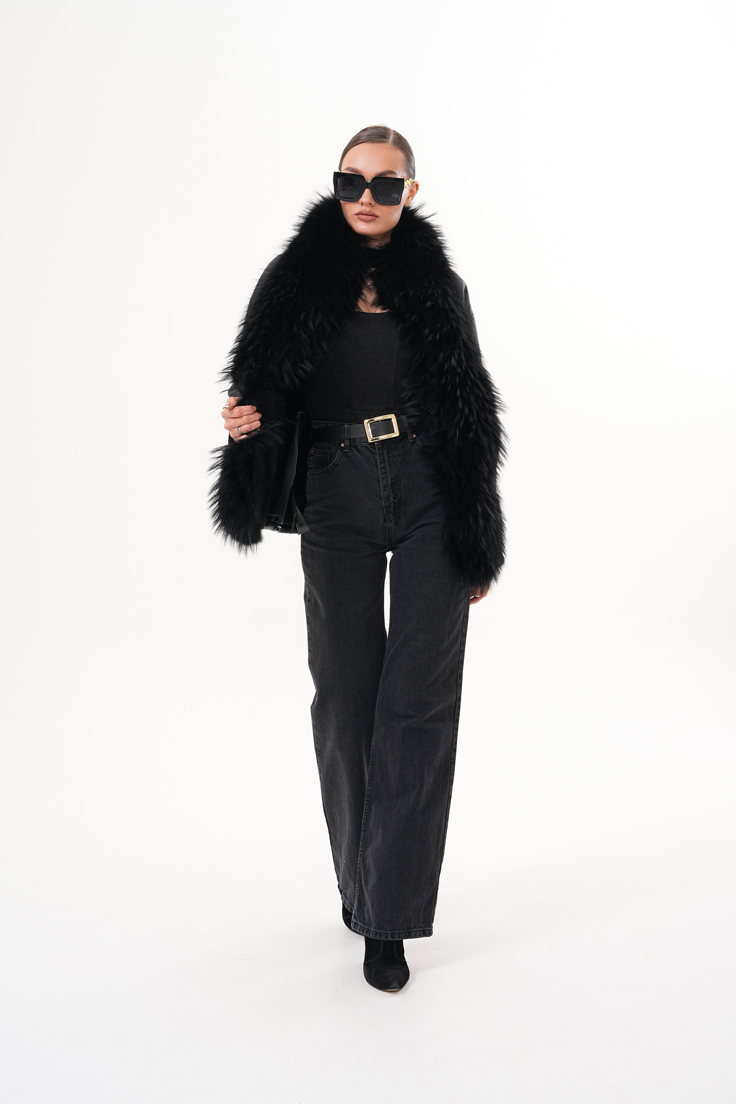 The Elise Black Shearling Leather Jacket For Sale