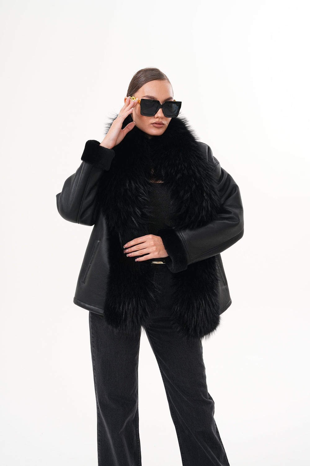 The Elise Black Shearling Leather Jacket For Sale