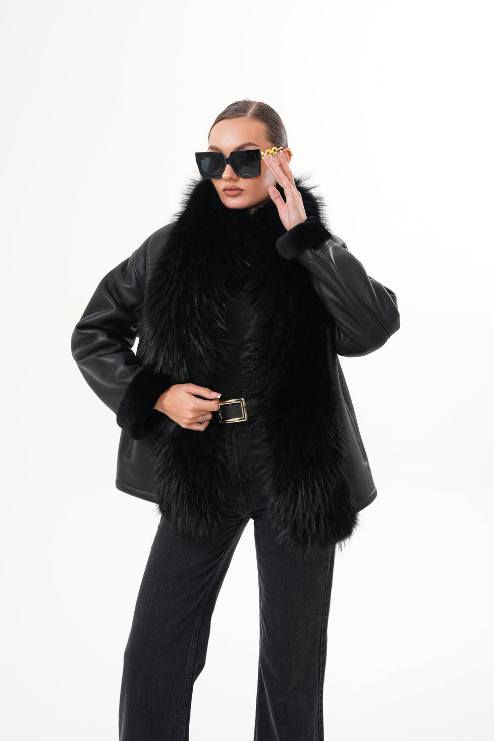 The Elise Black Shearling Leather Jacket For Sale