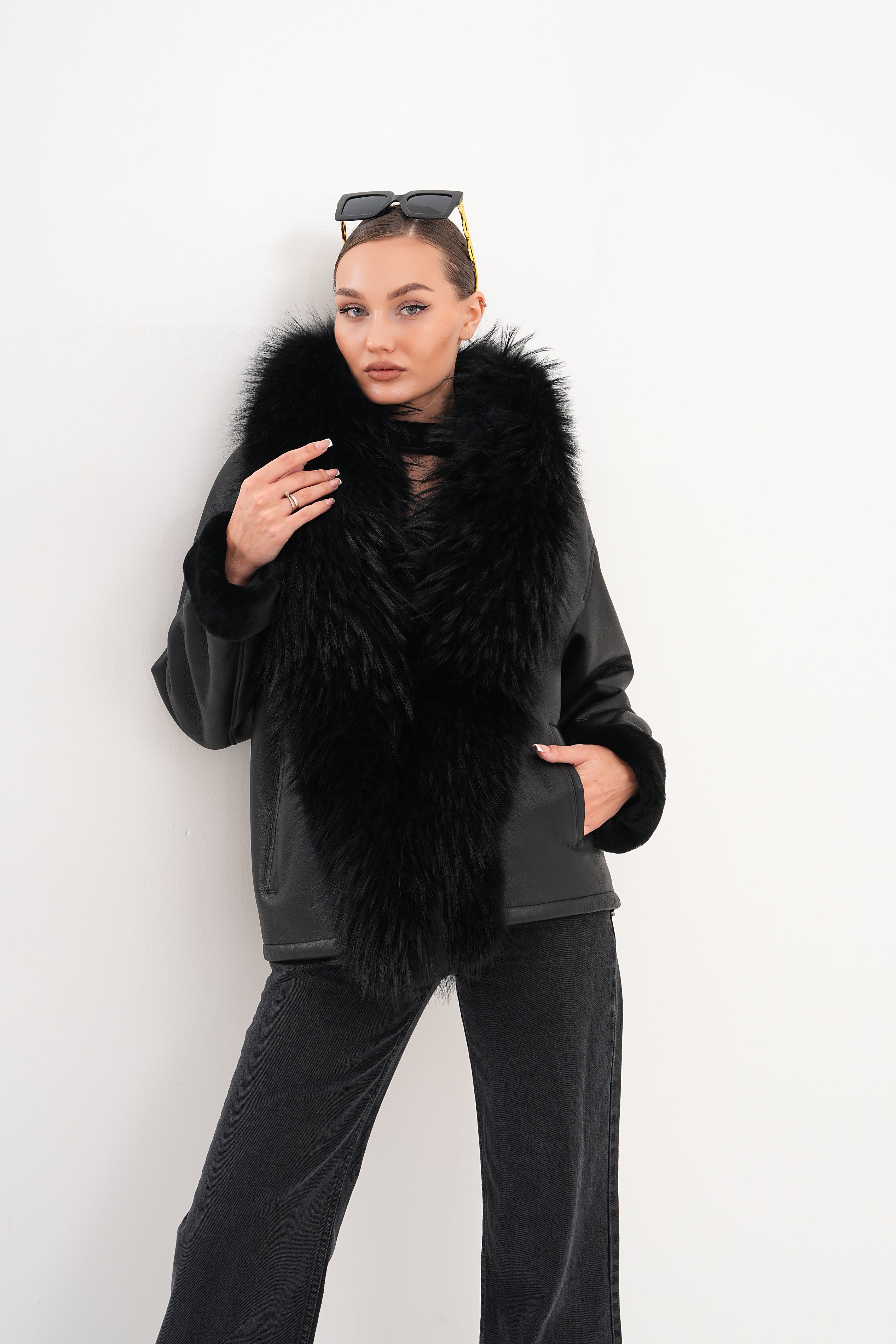 The Elise Black Shearling Leather Jacket For Sale