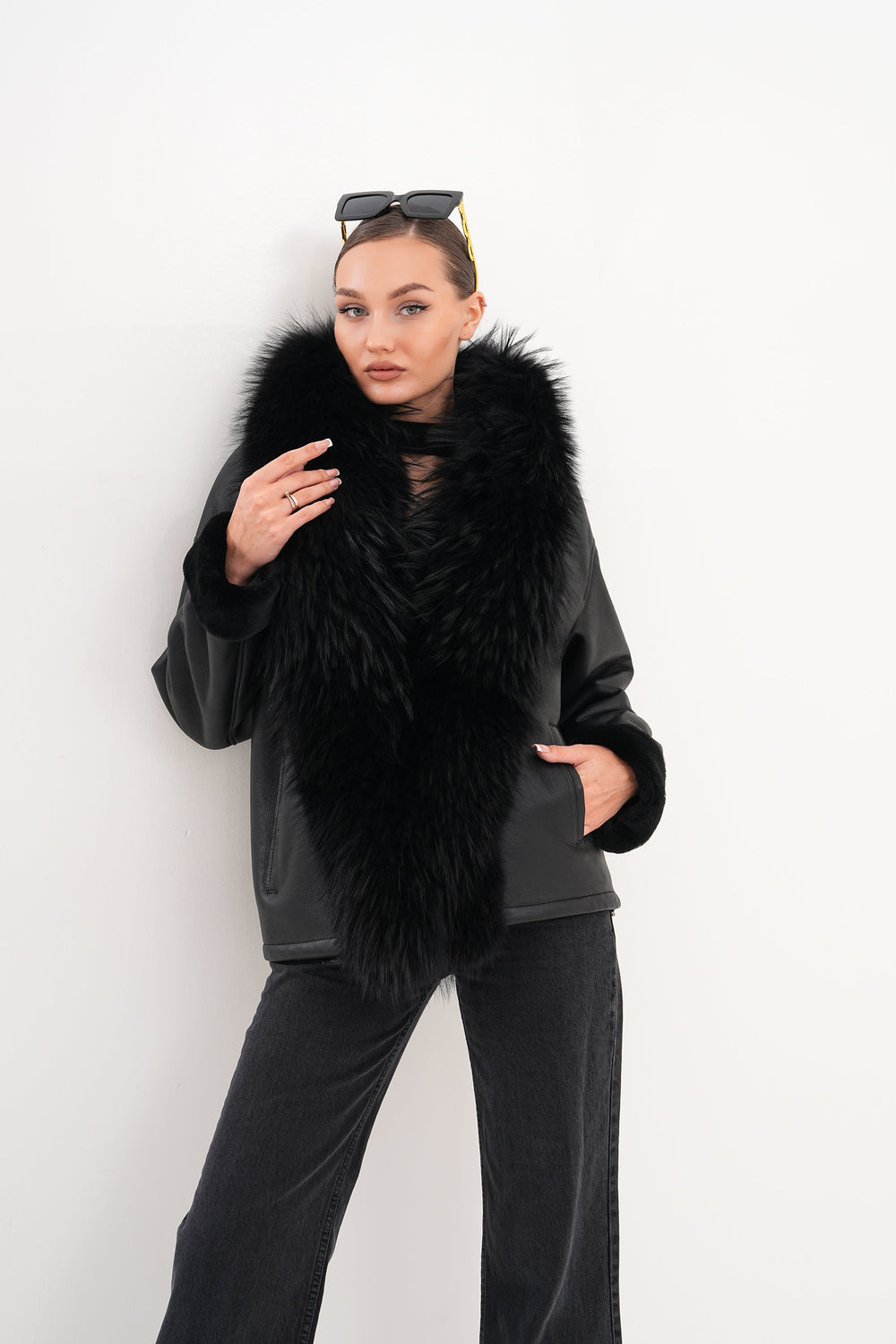 The Elise Black Shearling Leather Jacket For Sale