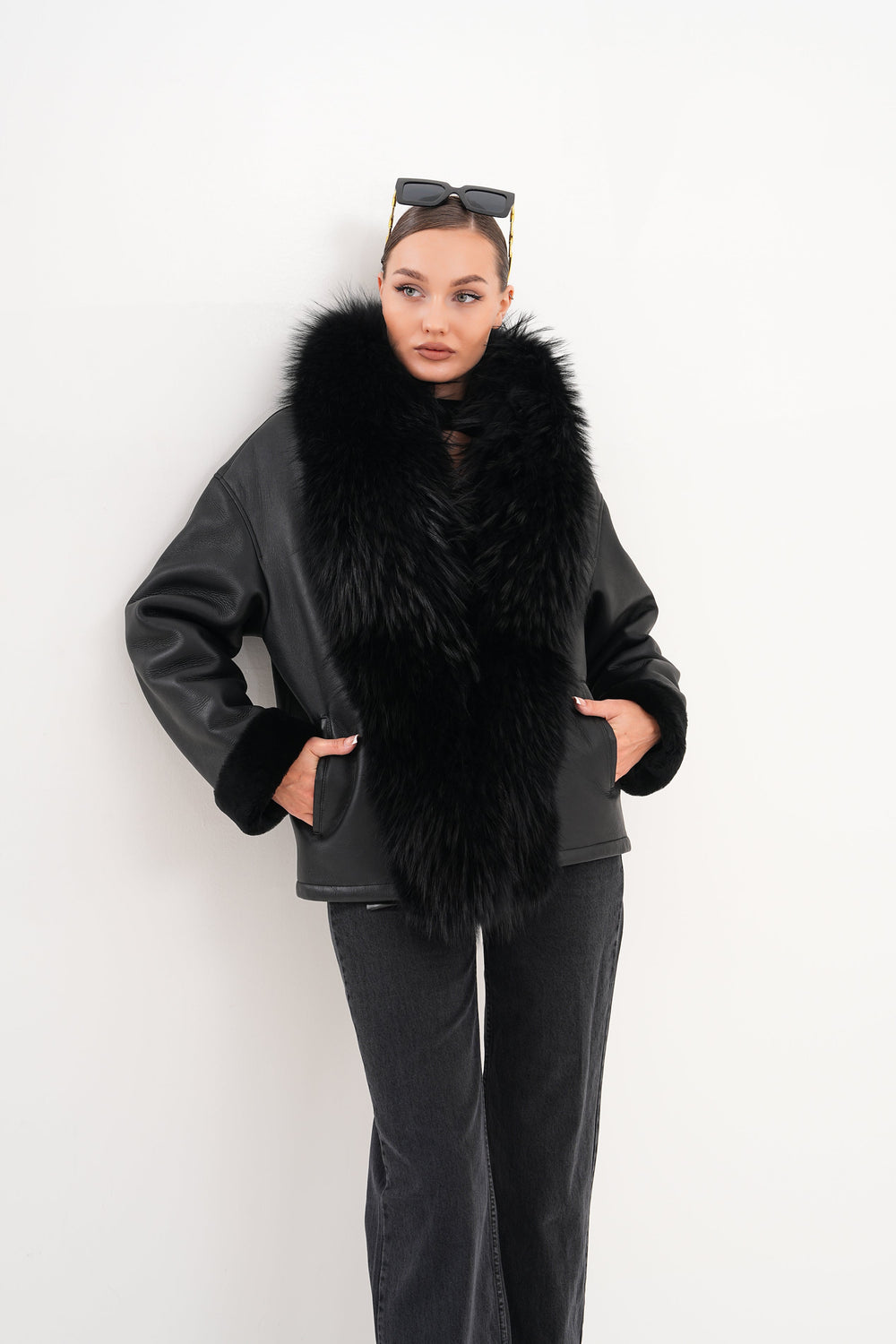 The Elise Black Shearling Leather Jacket For Sale