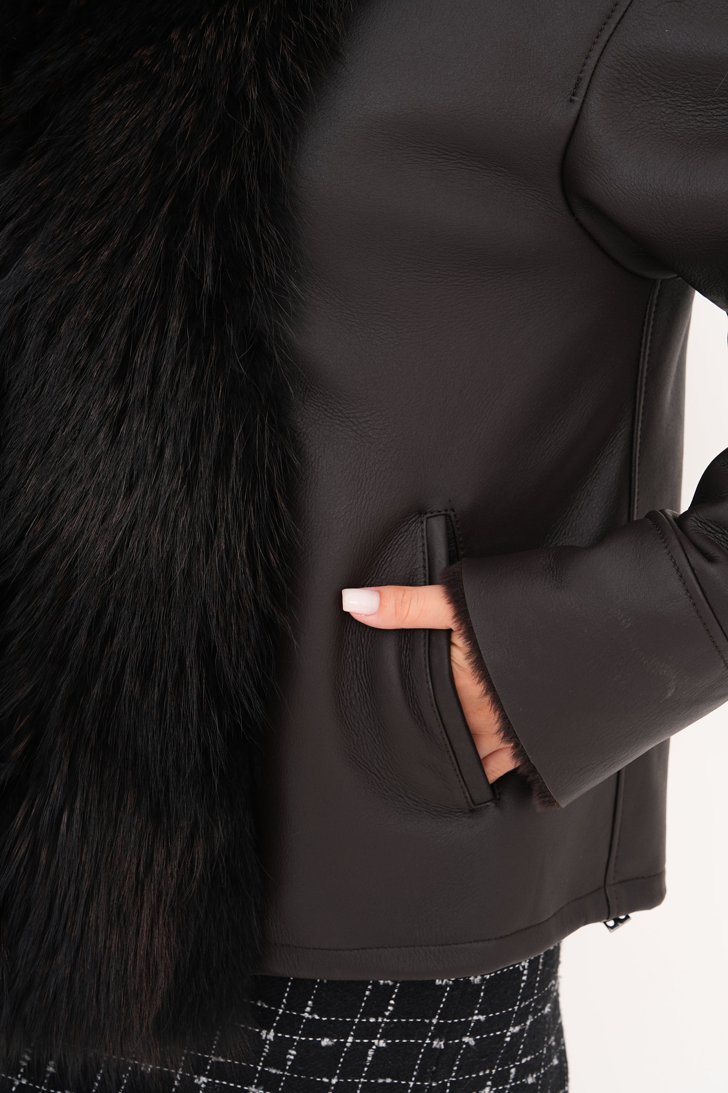 The Elise Black Shearling Leather Jacket For Sale