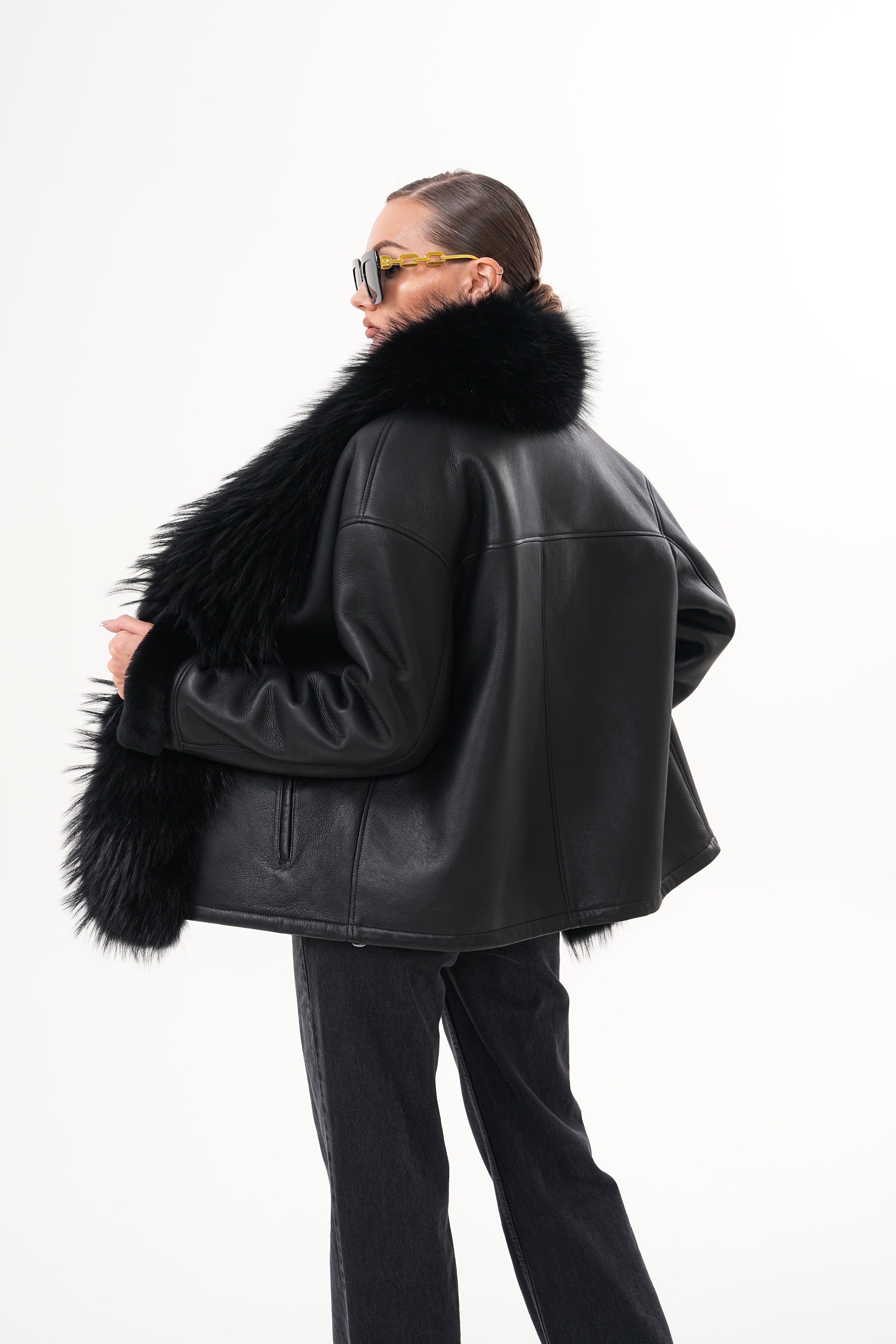 The Elise Black Shearling Leather Jacket For Sale