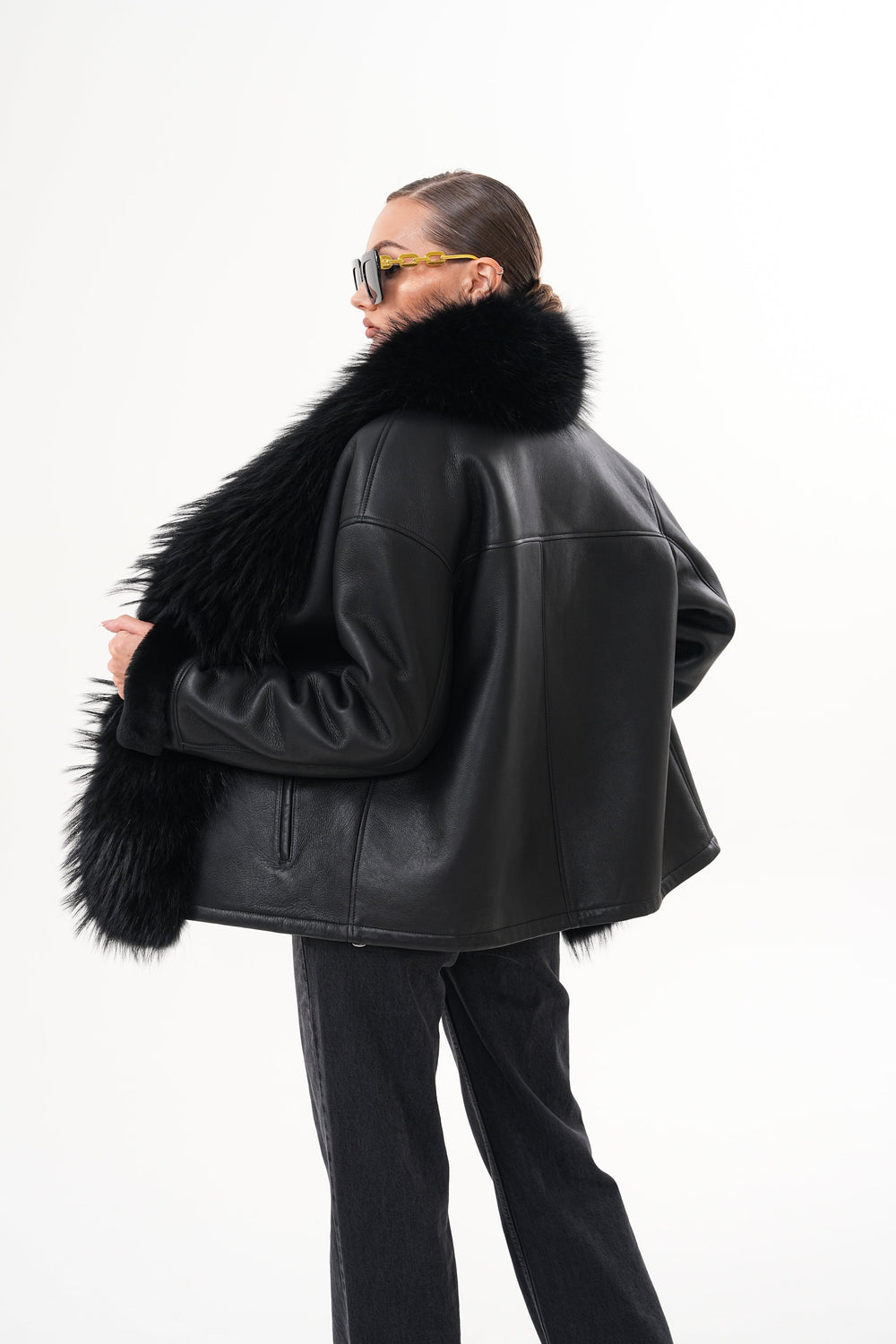 The Elise Black Shearling Leather Jacket For Sale