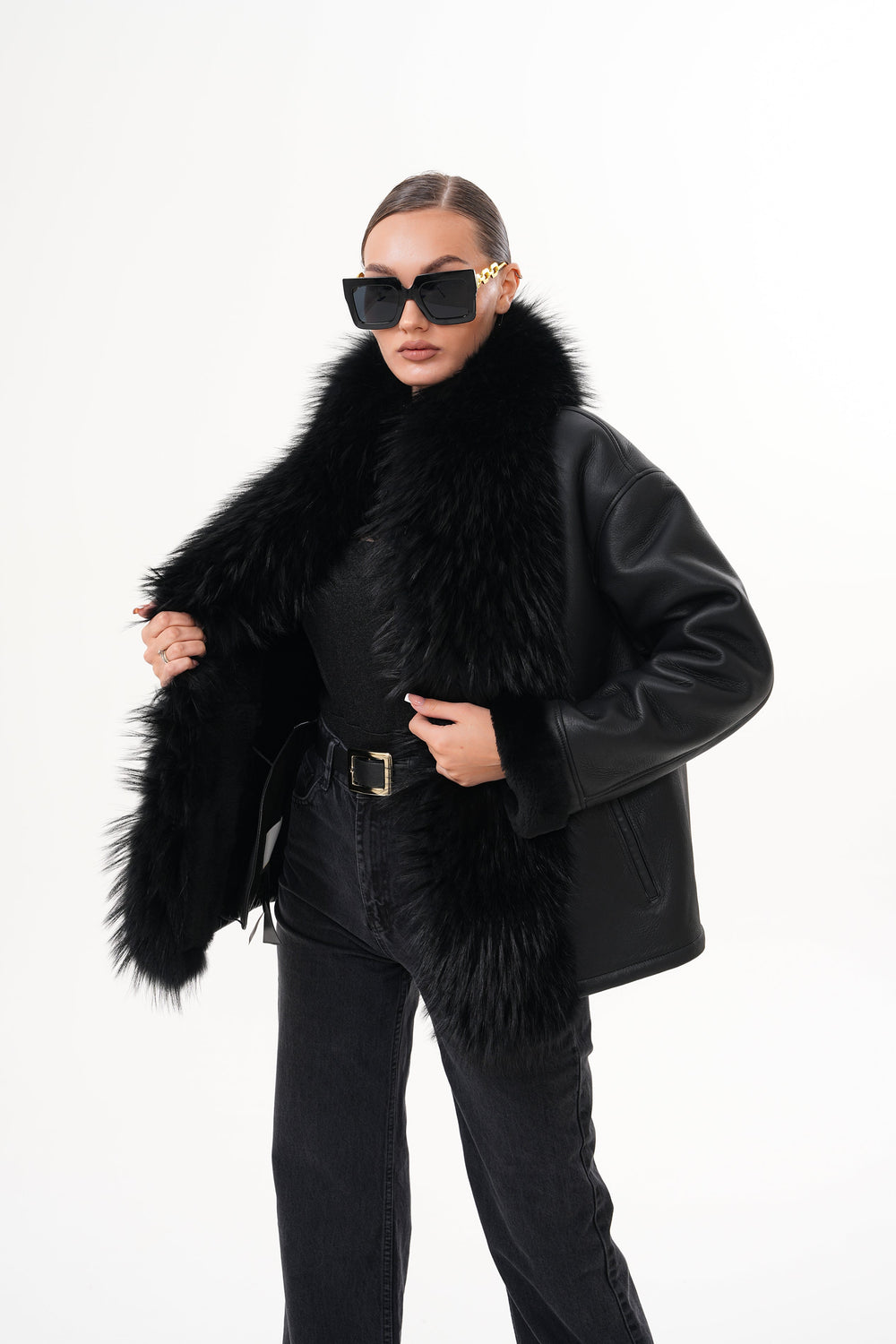 The Elise Black Shearling Leather Jacket For Sale