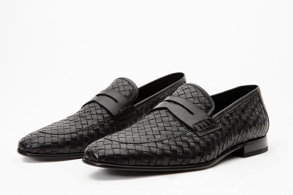 The Grand Woven Leather Black  Shoe Penny Loafer Fine Craftsmanship