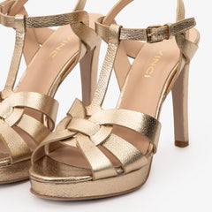 The Parisian Gold Leather T-Strap Platform Heel Sandal Exclusive Style