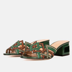 The Palma Green Glitter Leather Block Heel Sandal Universal Fit