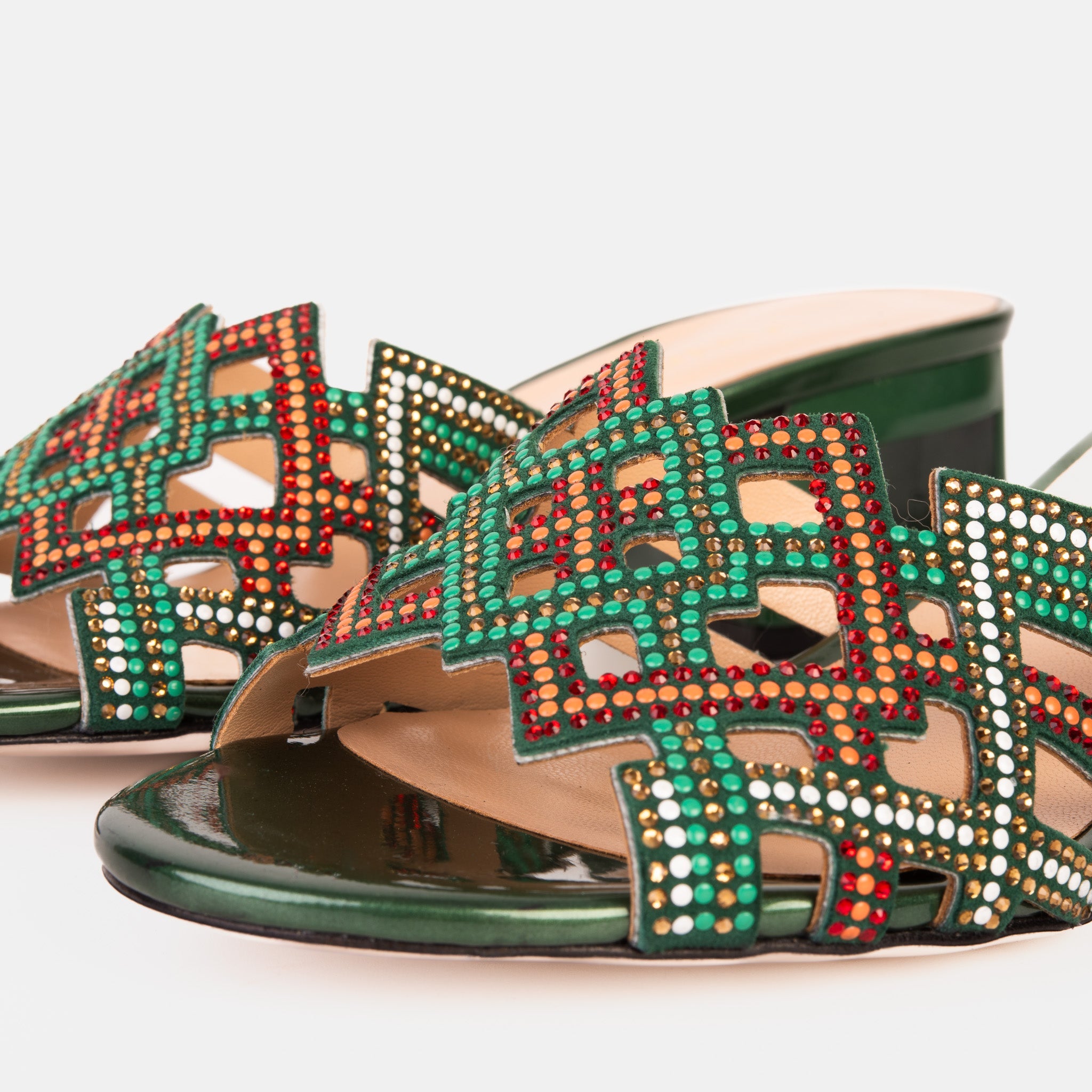 The Palma Green Glitter Leather Block Heel Sandal Universal Fit