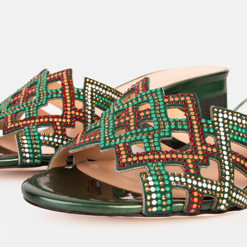 The Palma Green Glitter Leather Block Heel Sandal Universal Fit