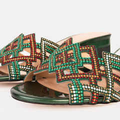 The Palma Green Glitter Leather Block Heel Sandal Universal Fit