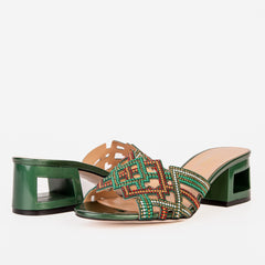 The Palma Green Glitter Leather Block Heel Sandal Universal Fit