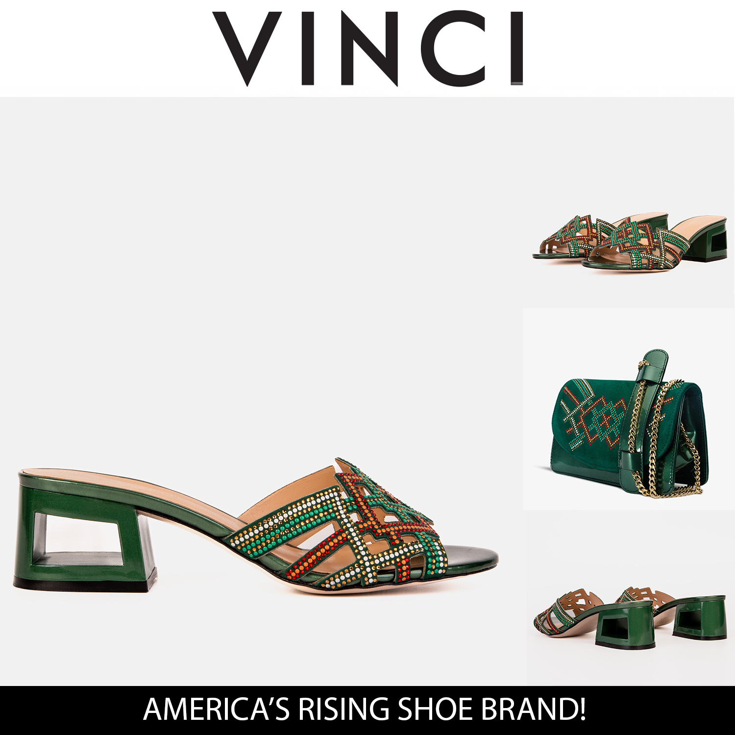 The Palma Green Glitter Leather Block Heel Sandal Universal Fit