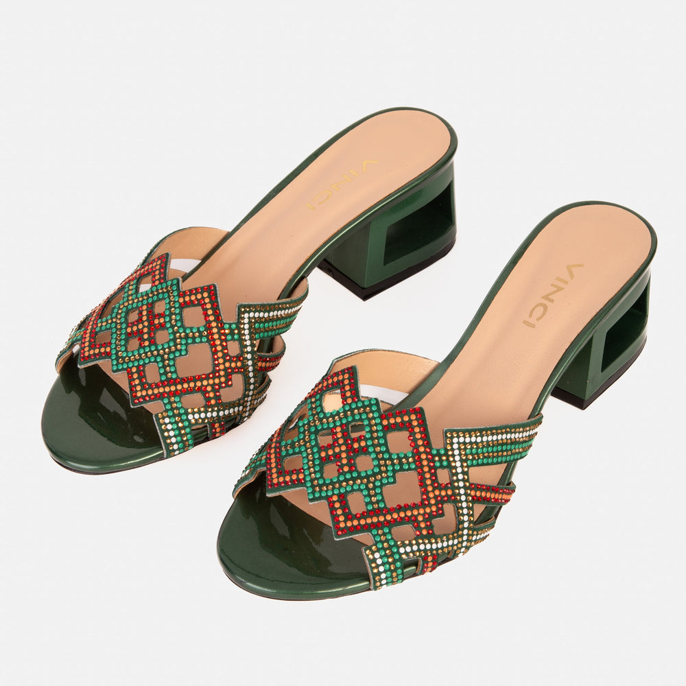 The Palma Green Glitter Leather Block Heel Sandal Universal Fit