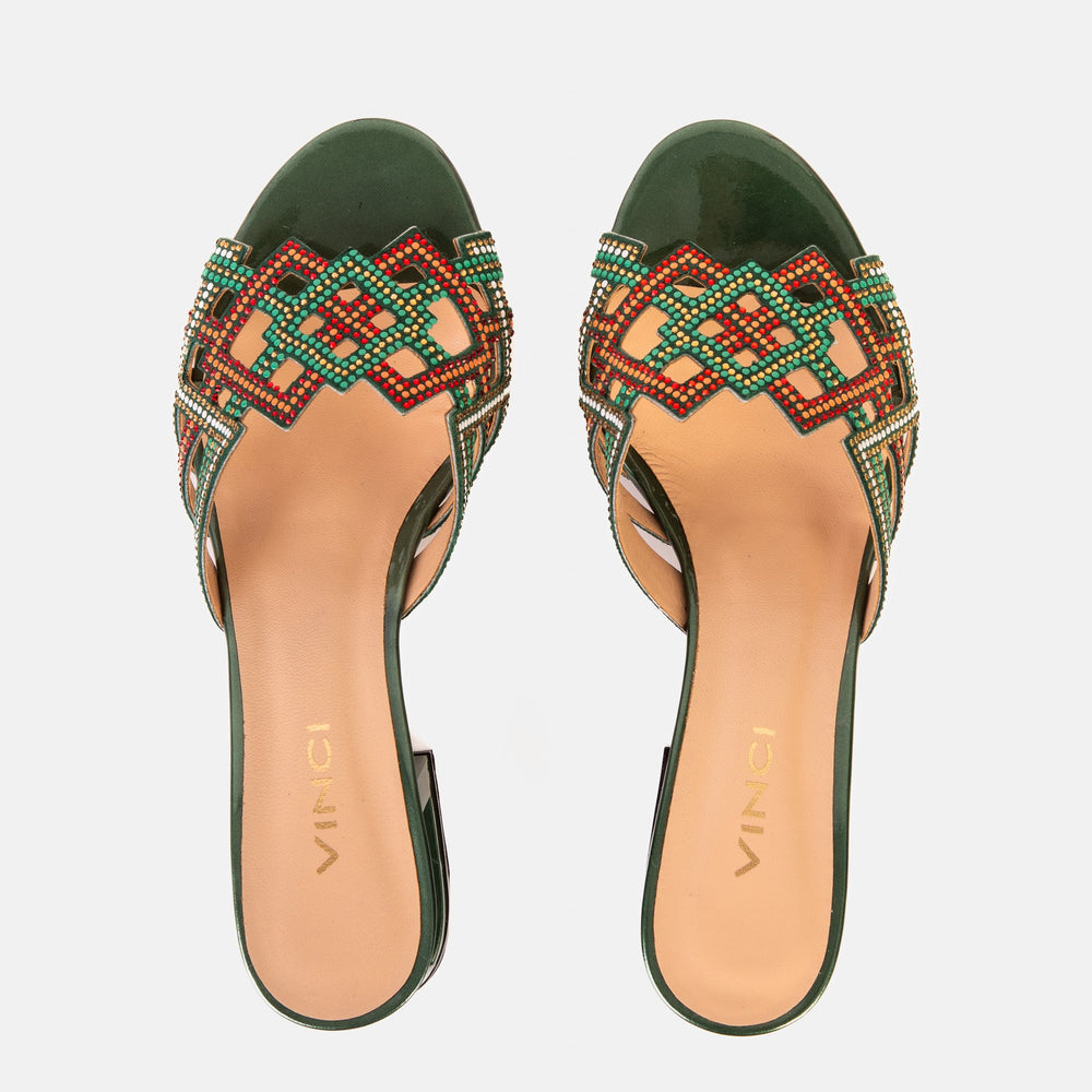 The Palma Green Glitter Leather Block Heel Sandal Universal Fit