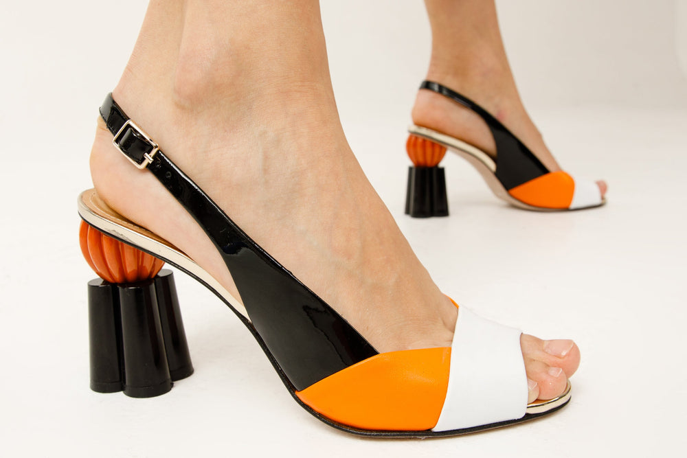 The Rize Black Orange Pumpkin Heel Leather Sandal On Sale