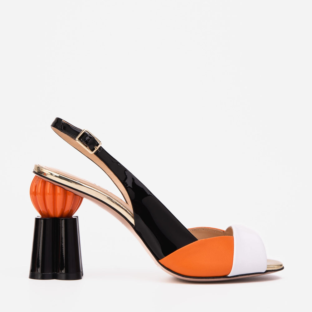 The Rize Black Orange Pumpkin Heel Leather Sandal On Sale