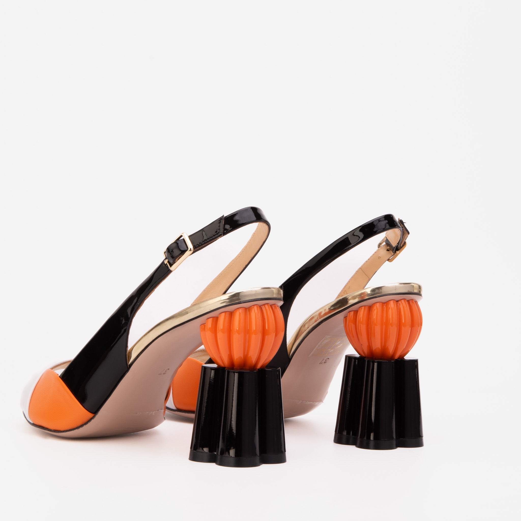 The Rize Black Orange Pumpkin Heel Leather Sandal On Sale
