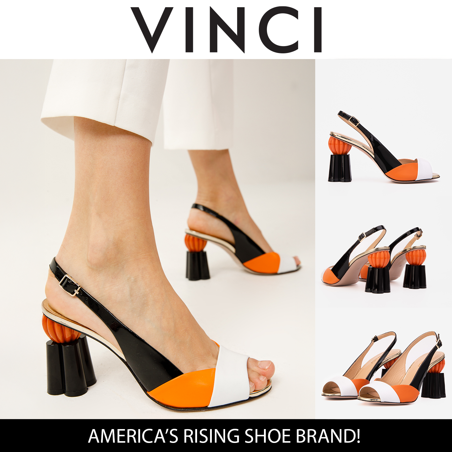 The Rize Black Orange Pumpkin Heel Leather Sandal On Sale