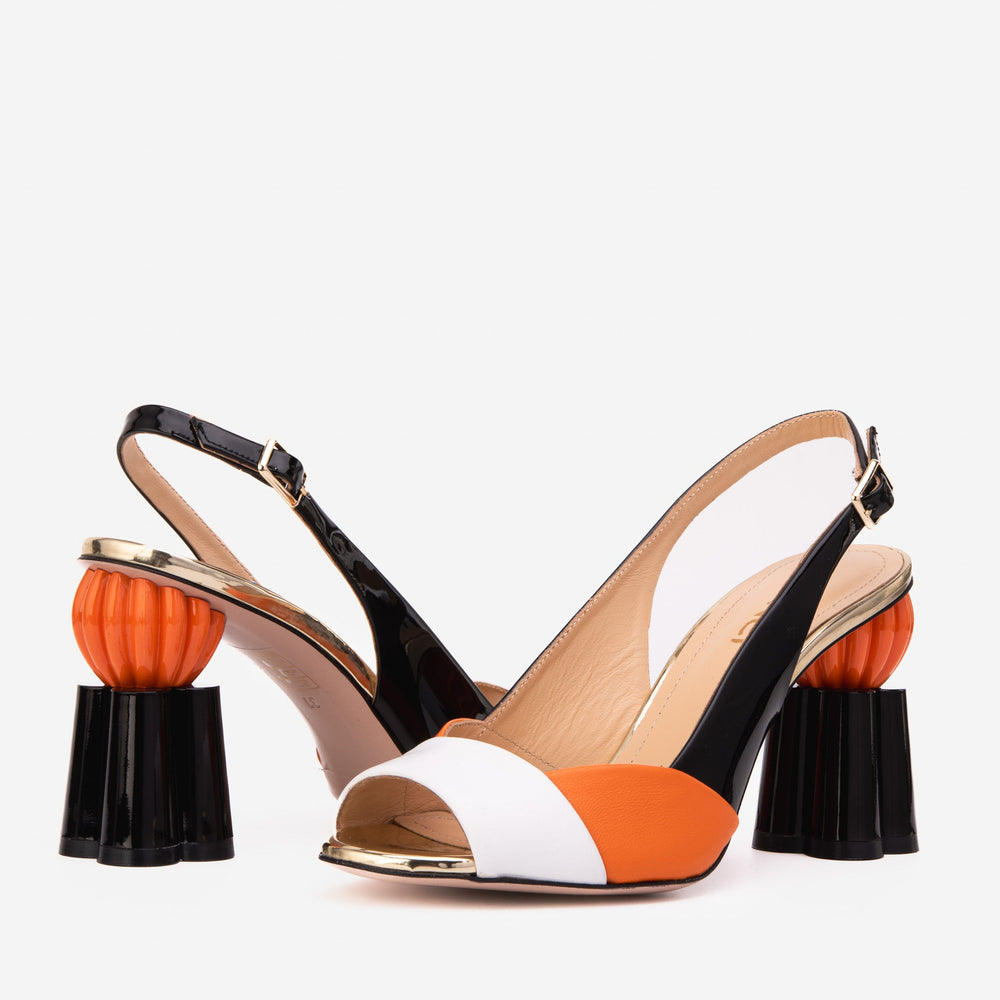 The Rize Black Orange Pumpkin Heel Leather Sandal On Sale