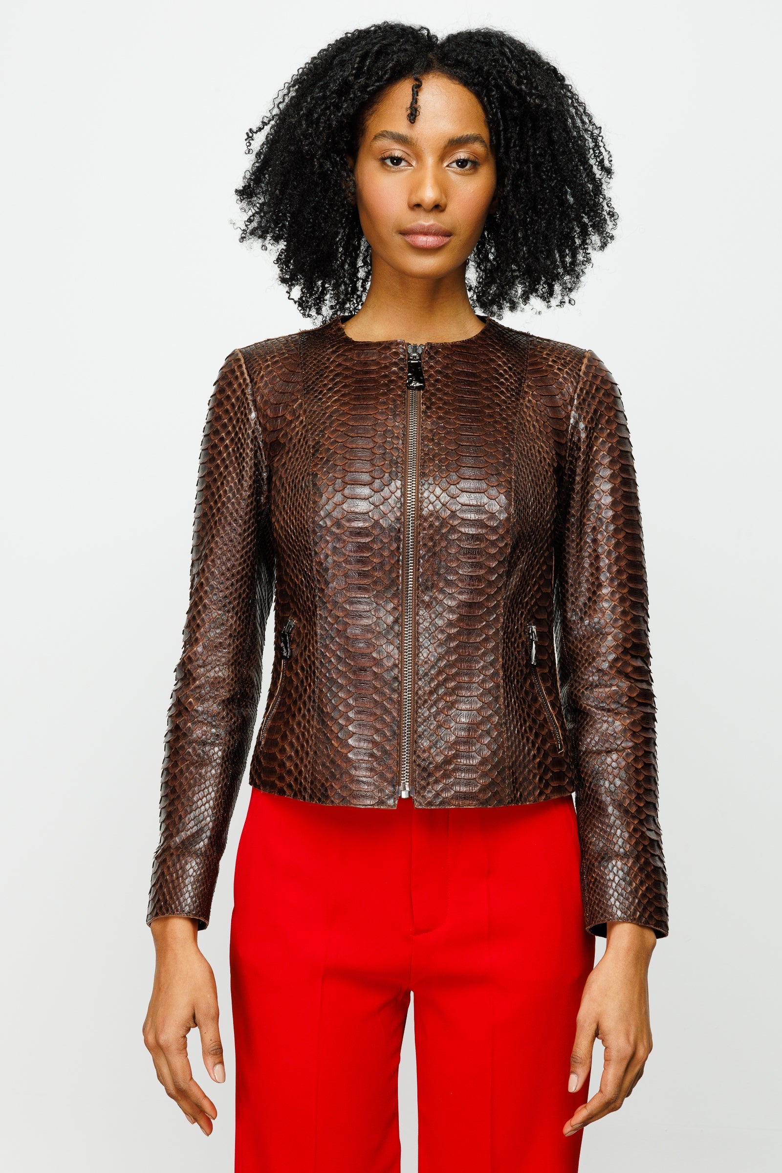 The Mekke Pythn Skin Brown Leather Jacket Fine Craftsmanship