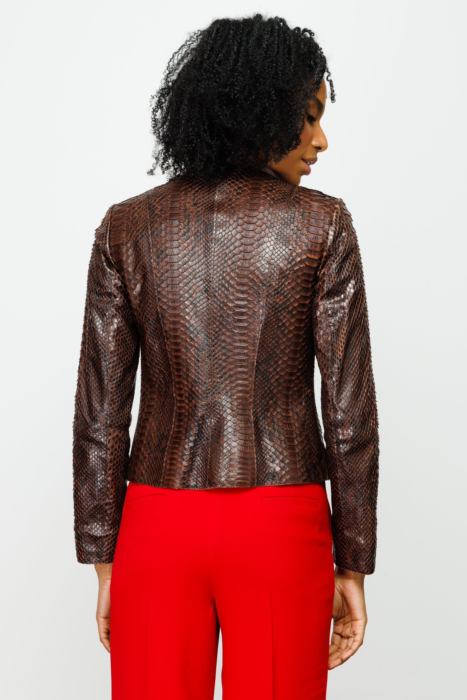 The Mekke Pythn Skin Brown Leather Jacket Fine Craftsmanship