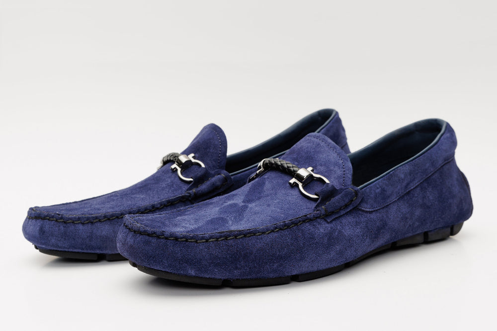 The Bari Navy Blue Suede Leather Bit Drive Loafer Shoe All New