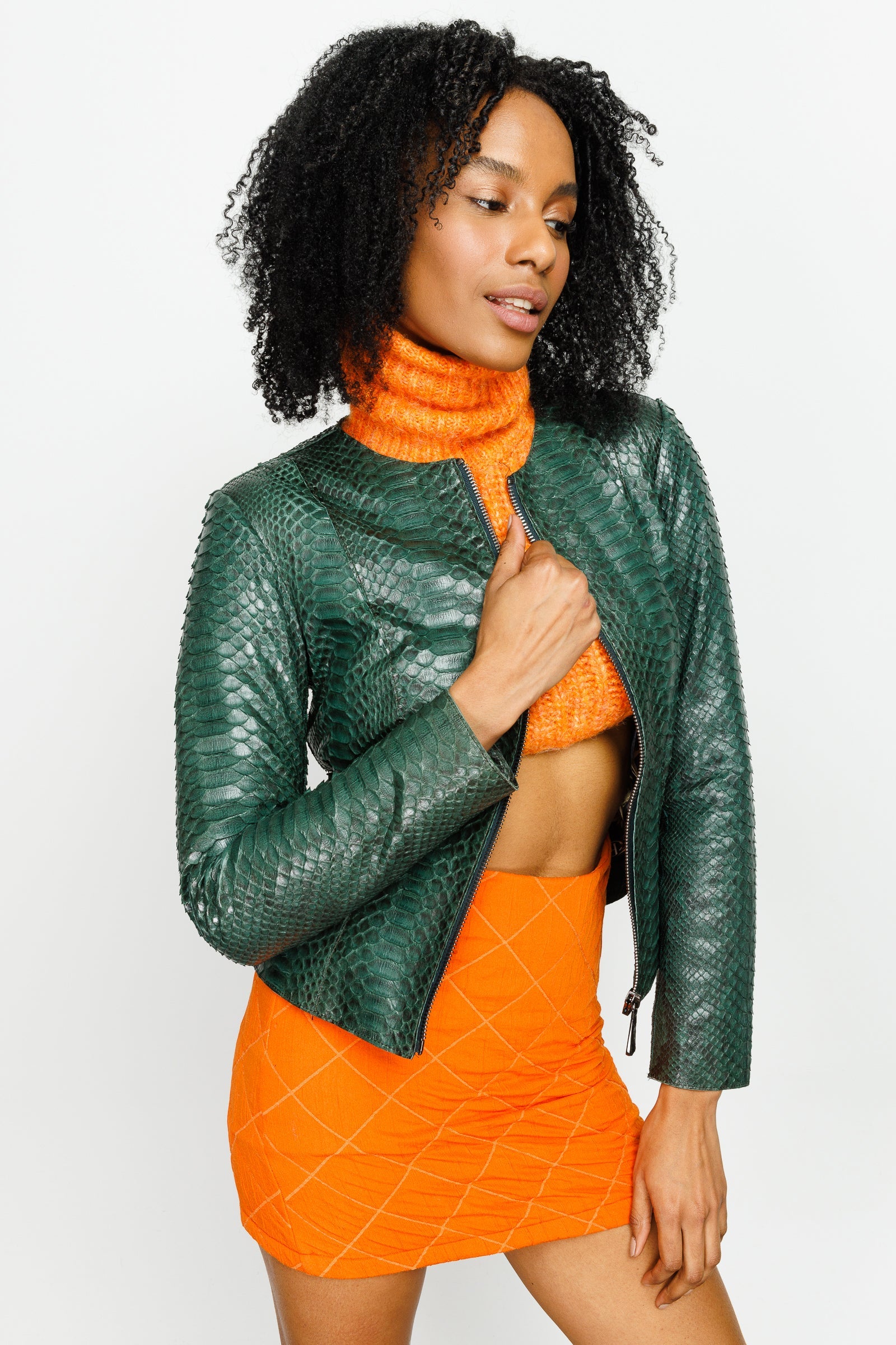 The Mekke Pythn Skin Green Leather Jacket On Sale