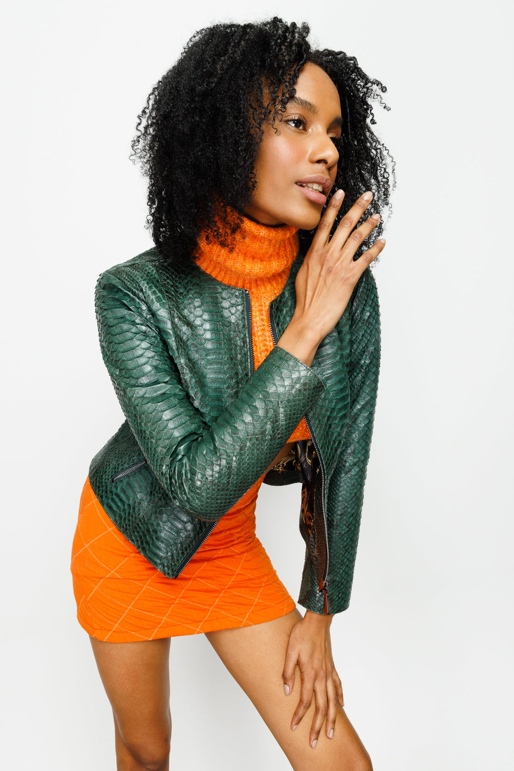 The Mekke Pythn Skin Green Leather Jacket On Sale