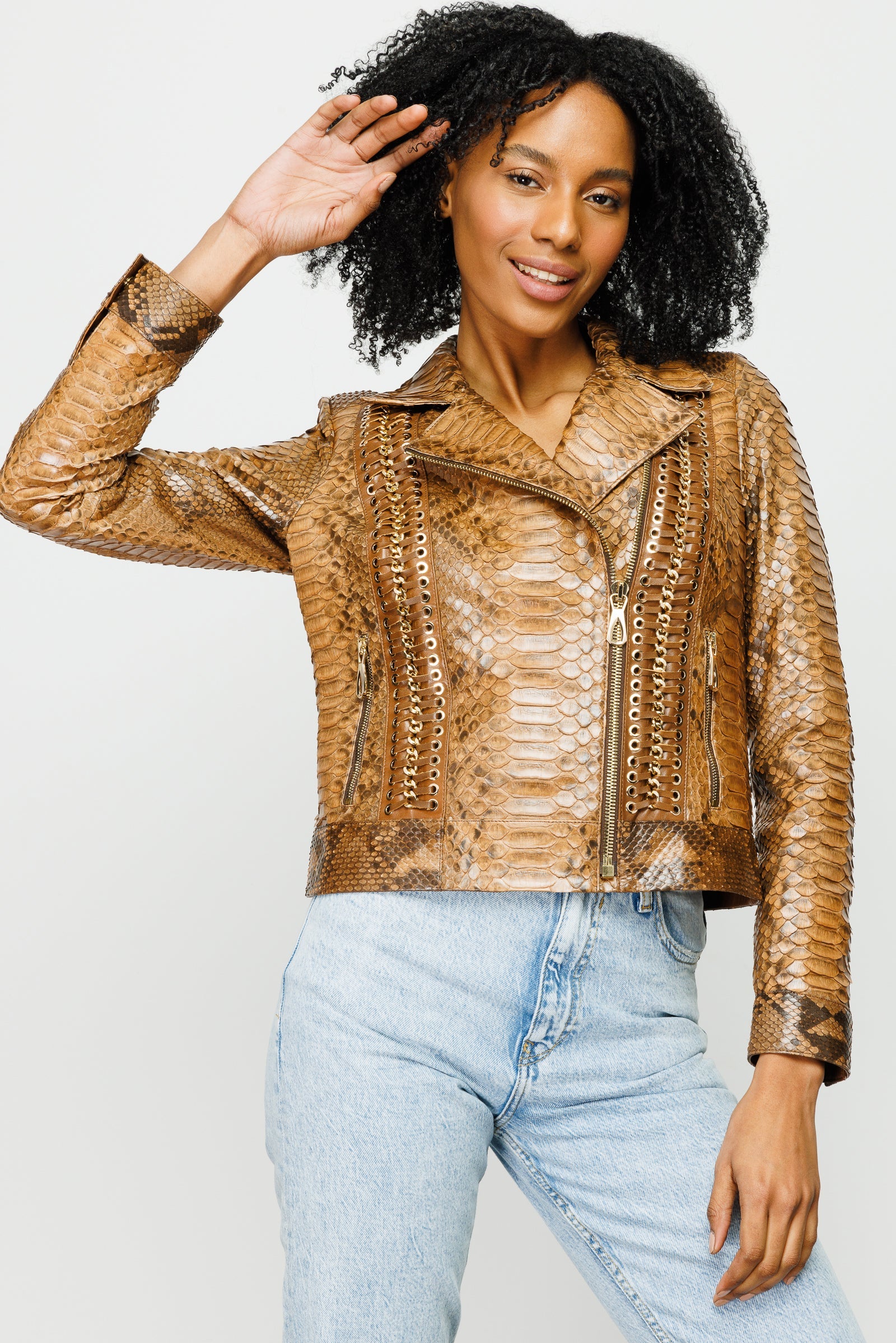 The Nayro Pythn Tan Leather Jacket Universal Fit