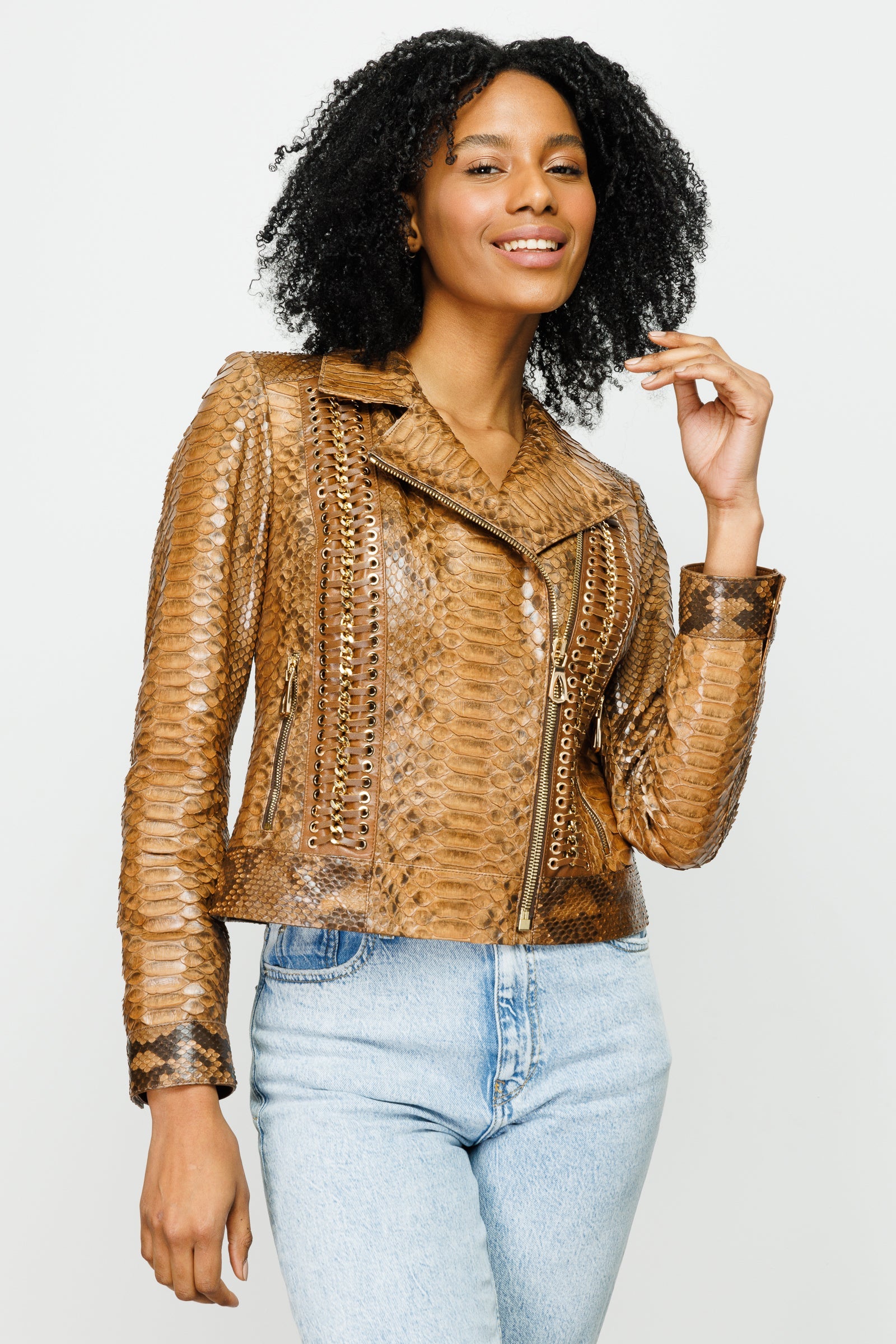 The Nayro Pythn Tan Leather Jacket Universal Fit
