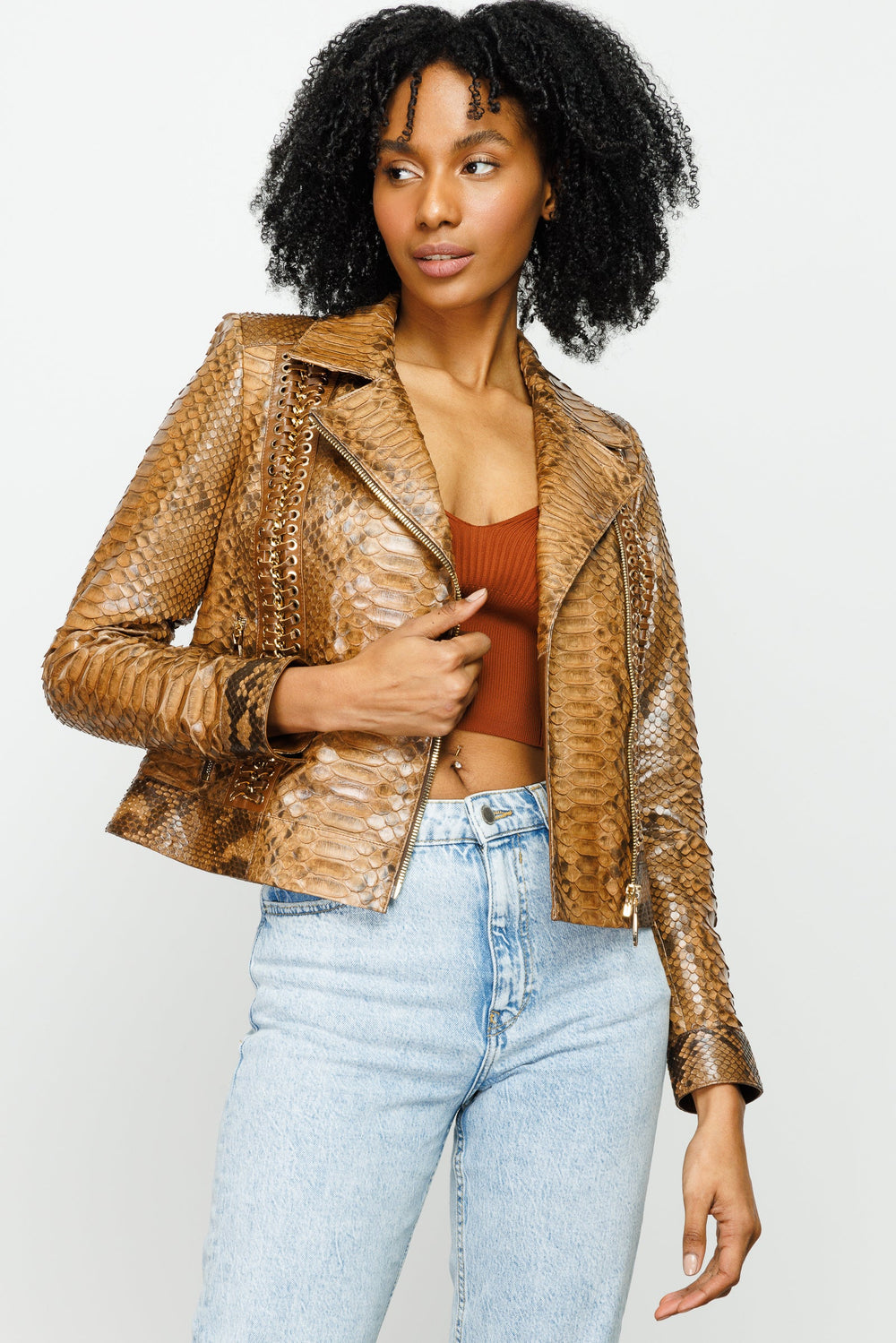 The Nayro Pythn Tan Leather Jacket Universal Fit