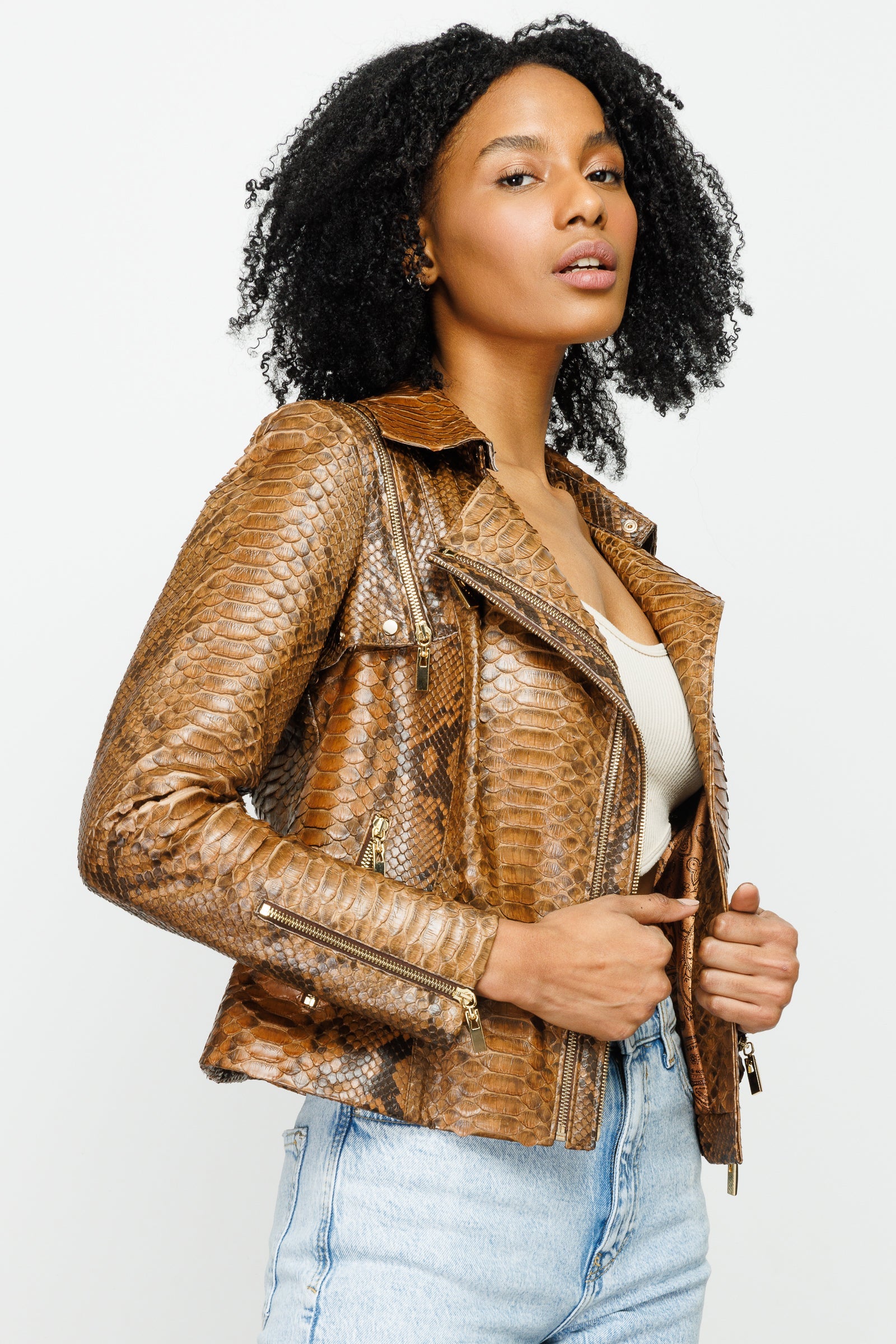 The Queen Pythn Skin Tan Leather Jacket Fine Craftsmanship