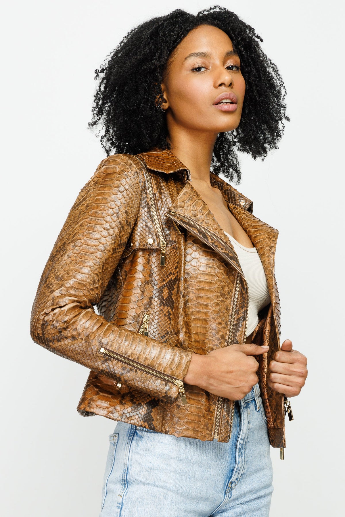 The Queen Pythn Skin Tan Leather Jacket Fine Craftsmanship