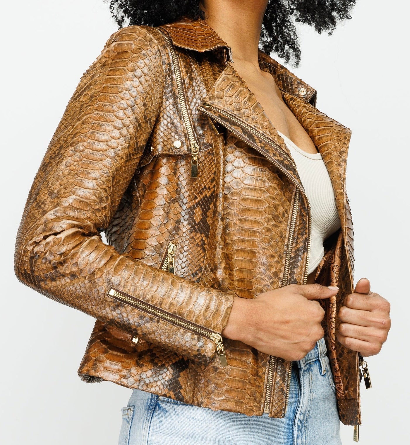 The Queen Pythn Skin Tan Leather Jacket Fine Craftsmanship