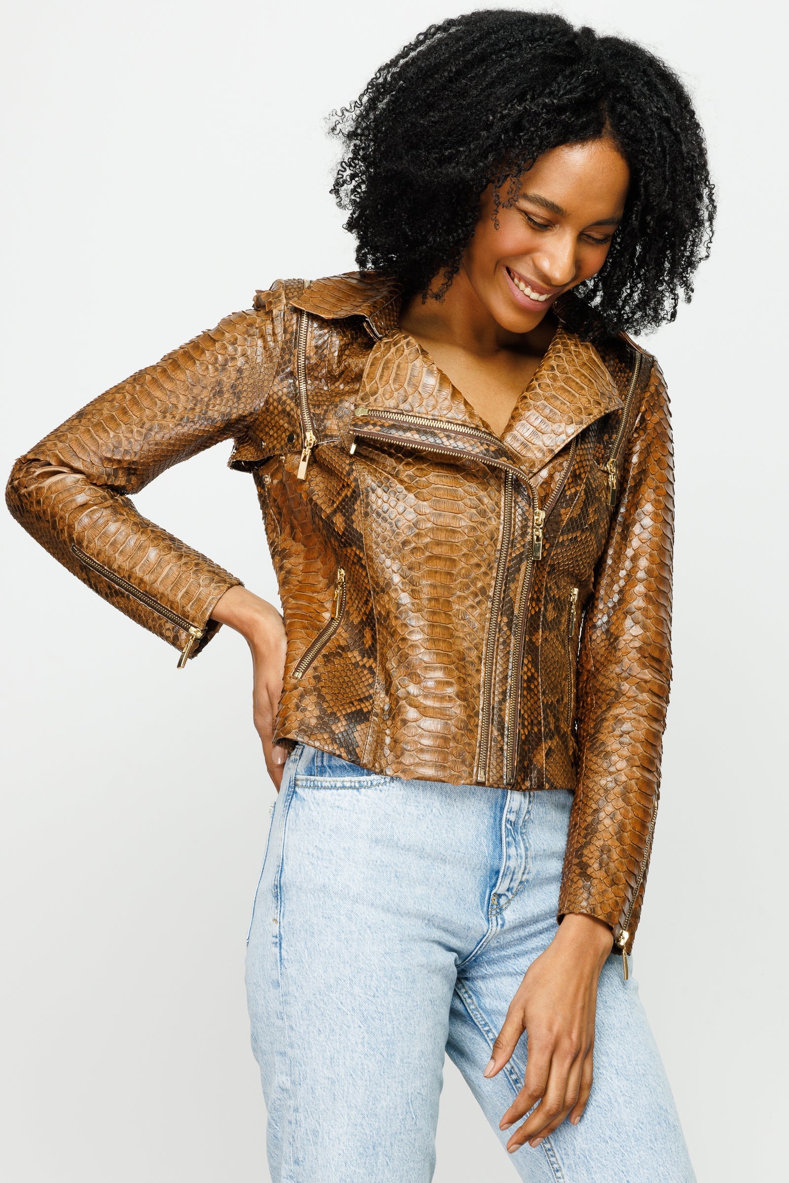 The Queen Pythn Skin Tan Leather Jacket Fine Craftsmanship