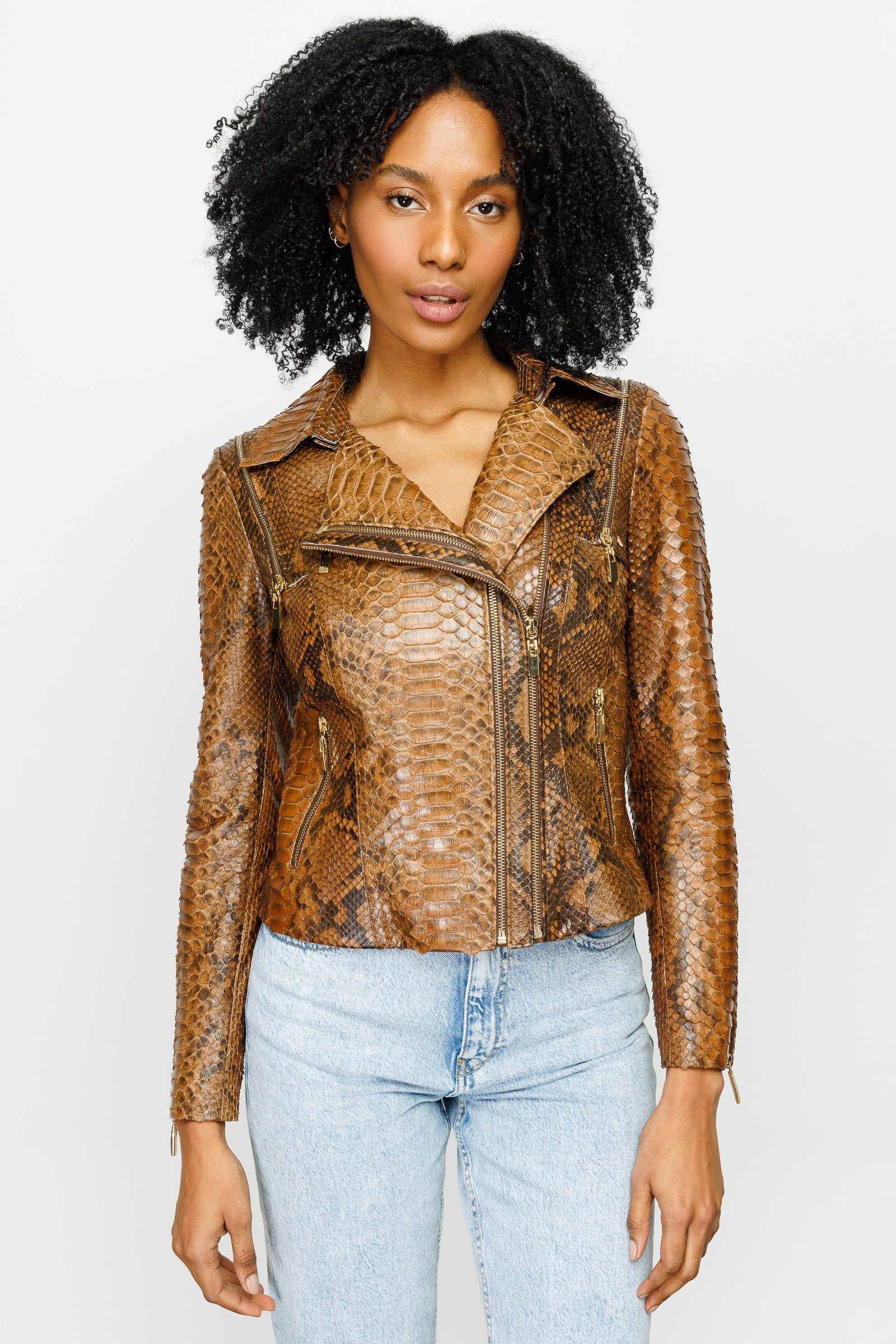 The Queen Pythn Skin Tan Leather Jacket Fine Craftsmanship