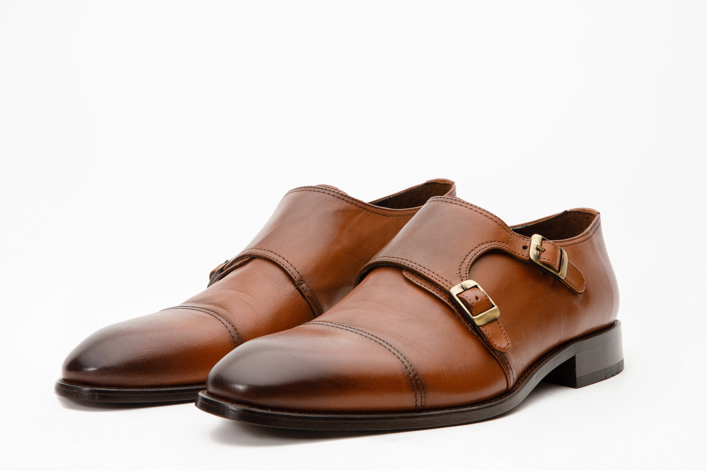 The Essen Brown Cap Toe Double Monk Strap Shoe For Sale