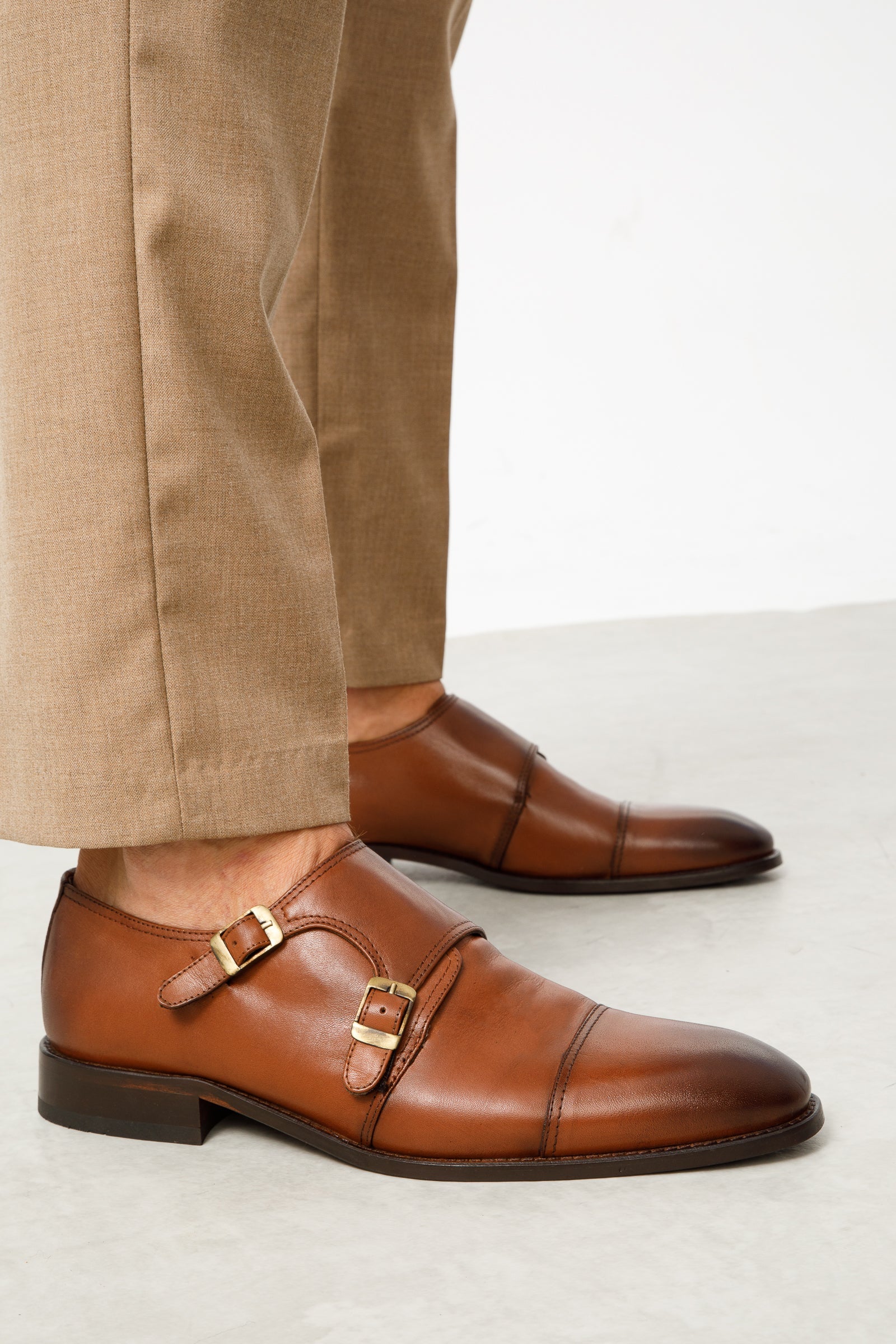 The Essen Brown Cap Toe Double Monk Strap Shoe For Sale